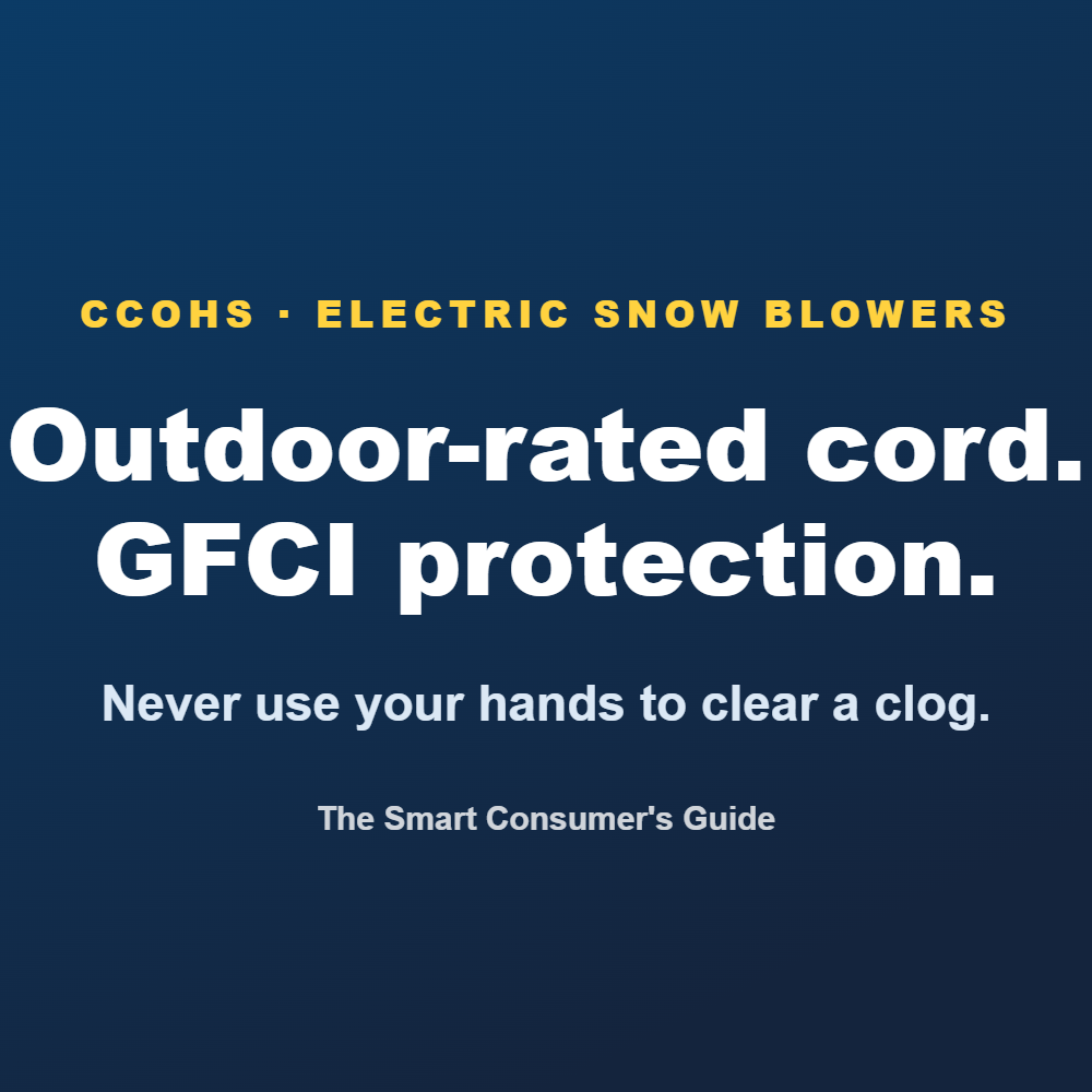 Graphic: CCOHS says electric snow blowers need an outdoor-rated cord on GFCI protection, and never to clear a clog with your hands.